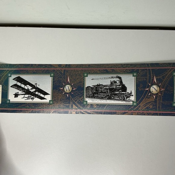 Vintage Antique Auto Train Airplane Biplane Sailboat Map Wallpaper Border Lot 4 - Picture 1 of 4